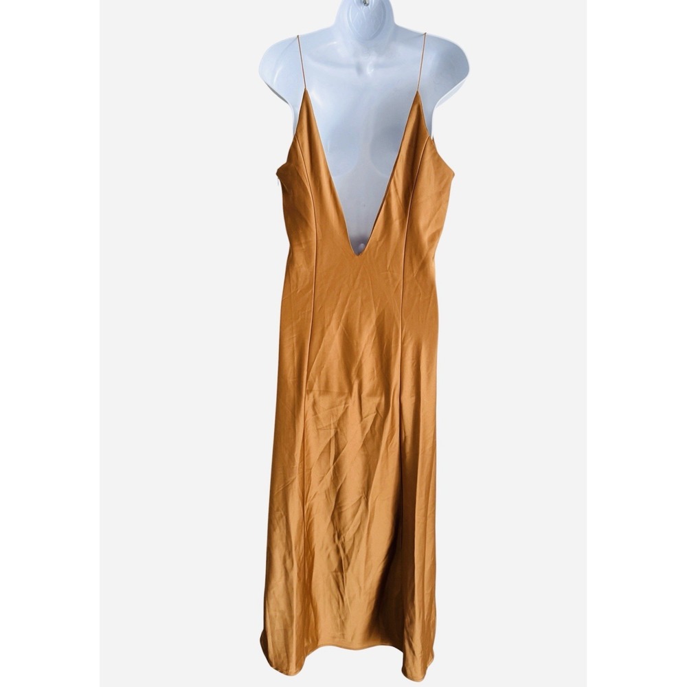 NWT Zara Satin Slip Maxi Dress M Bronze Copper Cami Deep V Back Hidden Zipper - Picture 4 of 9